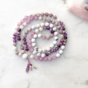 108 Mala beads, Hand knotted beaded necklace, Amethyst - Tourmaline Mala necklace, Meditation gifts, Yoga jewelry, Yoga gift Prayer beads