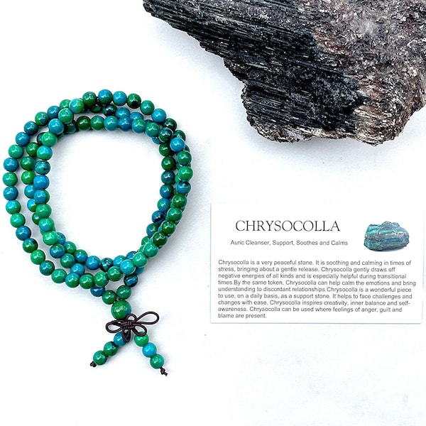 Chrysocolla Mala-kralenarmband: handgemaakte yoga-meditatie-sieraden