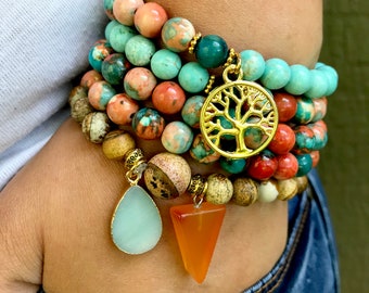 Pulsera de 108 cuentas Mala: jaspe con imagen, turquesa y dije del Árbol de la Vida