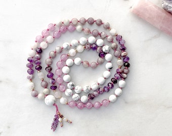 108 Mala beads, Hand knotted beaded necklace, Amethyst - Tourmaline Mala necklace, Meditation gifts, Yoga jewelry, Yoga gift Prayer beads