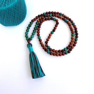 TASSEL NECKLACE, Natural wood beaded necklace, Mala beads, Mala prayer beads, Boho tassel Mala bead necklace / Long wooden beaded necklace