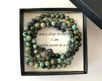 Collar de cuentas de turquesa africana Mala: Regalo de yoga y meditación anudado a mano