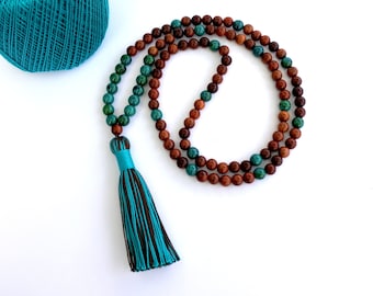 TASSEL NECKLACE, Natural wood beaded necklace, Mala beads, Mala prayer beads, Boho tassel Mala bead necklace / Long wooden beaded necklace