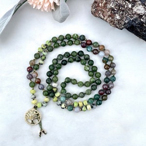 Green Jade Mala Bead Necklace: Hand Knotted Yoga Jewelry
