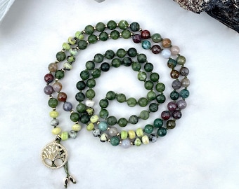 Collar de cuentas de mala de jade verde: joyería de yoga anudada a mano