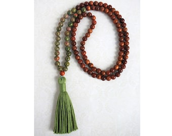 Boho Tassel Mala Necklace: Unakite & Wood Prayer Beads