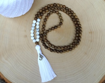 Boho Tassel Mala Necklace: Howlite & Wenge Wood Prayer Beads