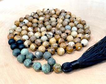 Hand Knotted 108 Mala Necklace: Picture Jasper & African Turquoise Prayer Beads