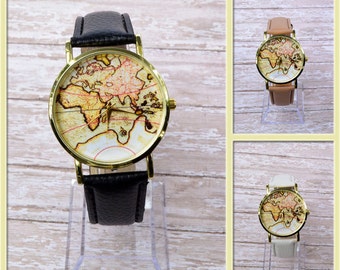 Map Watch, Leather Wrist Watch, World Map Woman Leather Watch, World Map Travel Gift Ideas,Man Leather Wrist Watch,Birthday Gifts,Woman Gift
