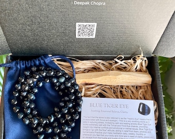Mala de ojo de tigre azul: collar de meditación anudado a mano