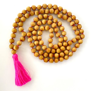 Boho Tassel Mala Necklace: Long Knotted Wood Beads