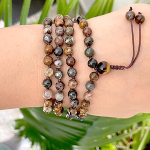 Bronzite Mala Necklace: 108 Knotted Beads, Adjustable Meditation Prayer Beads
