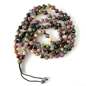 108 Mala beads 8 mm Hand knotted meditation necklace, WATERMELON TOURMALINE /  Mala bracelet, buddhist prayer beads,  Meditation beads, YOGA