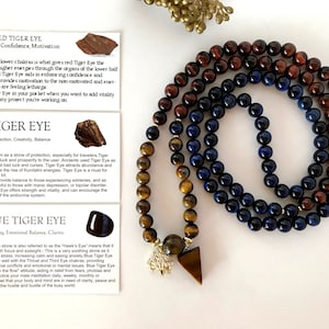 Triple Tiger&#39;s Eye Mala Bead Necklace: Protection, Confidence