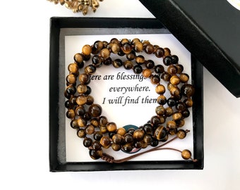 Pulsera Mala de Ojo de Tigre: Collar de meditación de 108 cuentas anudado a mano