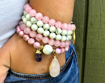 Pulsera Mala de Cuarzo Rosa: Cuentas de Meditación de Yoga, Amuleto del Árbol de la Vida