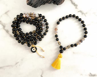 Conjunto de regalo de joyería de protección para yoga / Collar Mala de protección de OBSIDIANA y ónix / 108 cuentas anudadas a mano para mayor protección