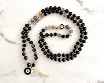 Collar Mala de Protección de OBSIDIANA y Ónix / 108 Cuentas Anudadas a Mano para Fortalecer, Aterramiento y Protección de Energía / Collar de Cuentas Negras con Ojo Malvado