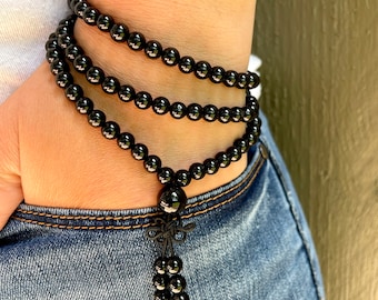 Pulsera Mala de turmalina negra: 108 cuentas para yoga y oración.