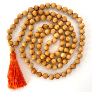 Boho Tassel Mala Bead Necklace: Long Knotted Wood Prayer Beads