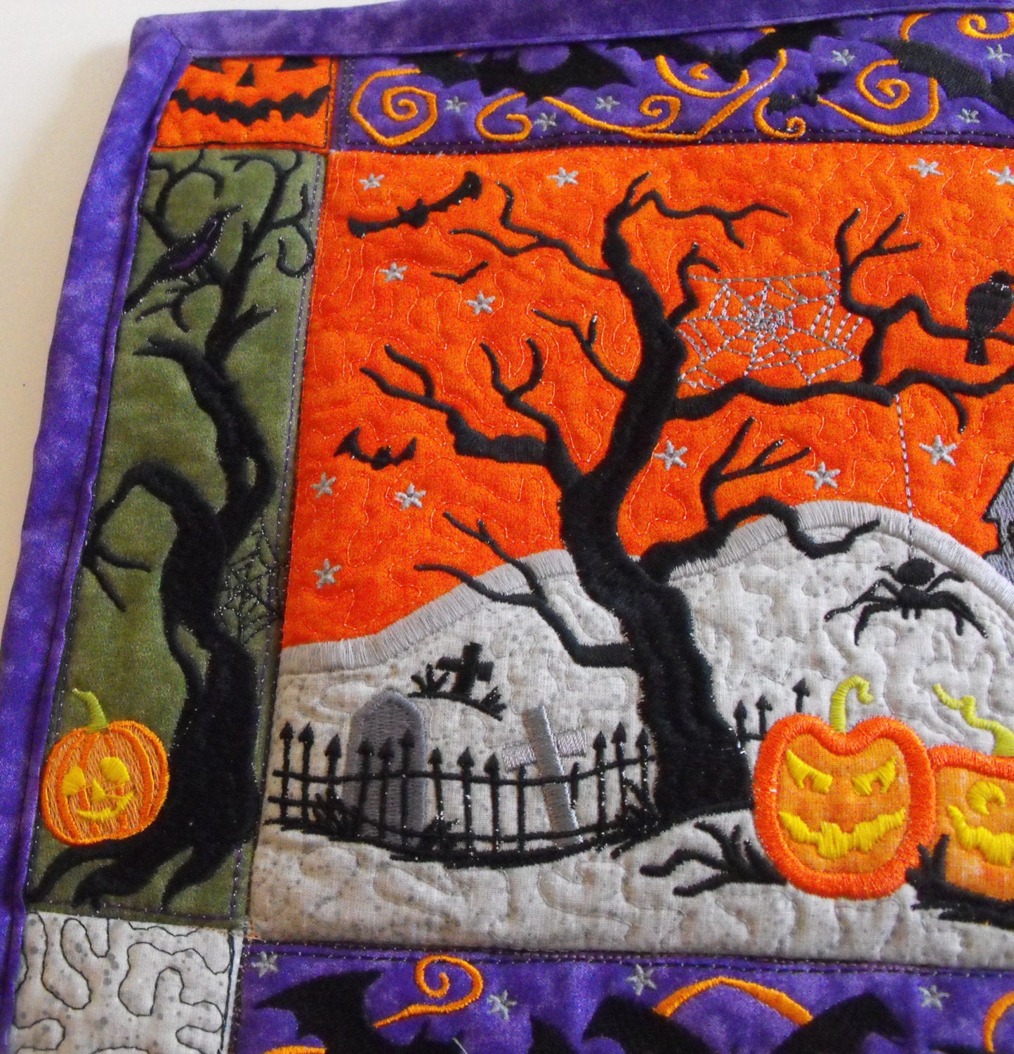 Halloween Town Wall Hanging Quilted Halloween Wall Hanging Appliqued ...