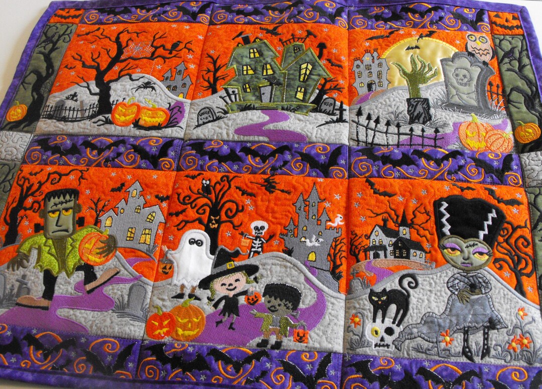Halloween Town Wall Hanging Quilted Halloween Wall Hanging Appliqued ...