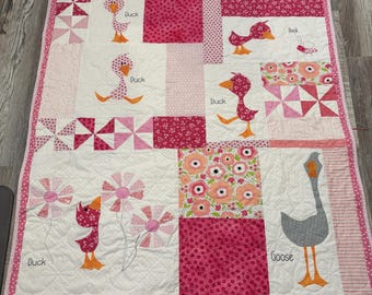Machine Appliqued Baby Quilt: Animals, Flowers, 100% Cotton Lap Quilt, Ducks