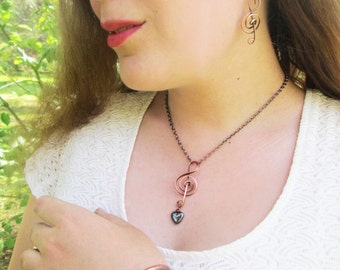 Treble Clef Copper Earrings, raw copper and hypoallergenic hooks, small and large