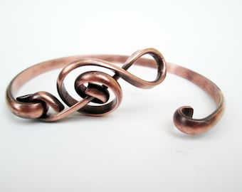 Copper Treble Clef Cuff Bracelet, or Silver