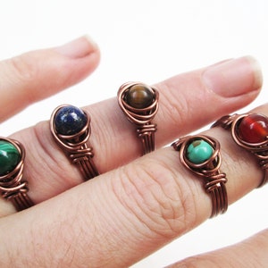 Wire Wrapped Copper Stone Rings, Tarnish Resistant, made to order