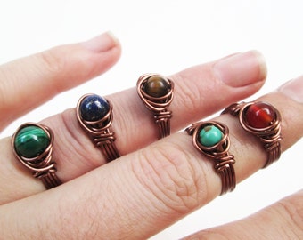 Wire Wrapped Copper Stone Rings, Tarnish Resistant, made to order