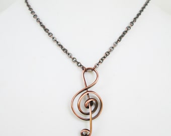 Copper Treble Clef Necklace with Hematite Heart, copper chain