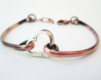 Silver Heart Bracelet with Copper Bands