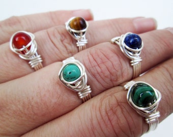 Wire Wrapped Stone Rings with Silver Plated Wire