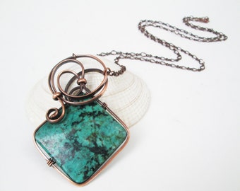 Reconstituted Square Turquoise Necklace, Copper Setting, Long Chain