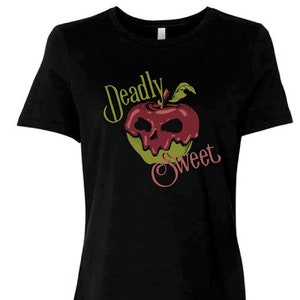 May include: Black t-shirt with a green and red apple graphic. The apple has a skull face and the text "Deadly Sweet" is printed below it.