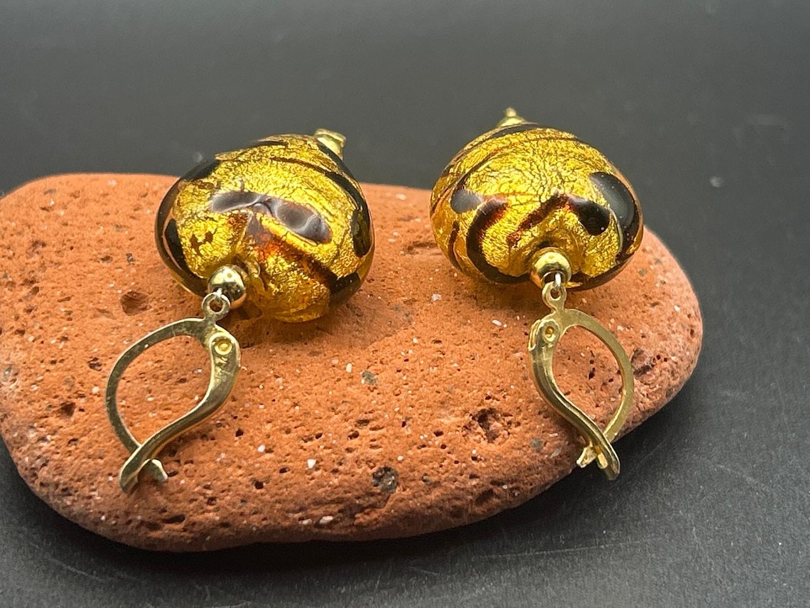 Handmade Glass Animal Print Heart Dangle Earrings Gold Tone Drop, photo 7 of 8