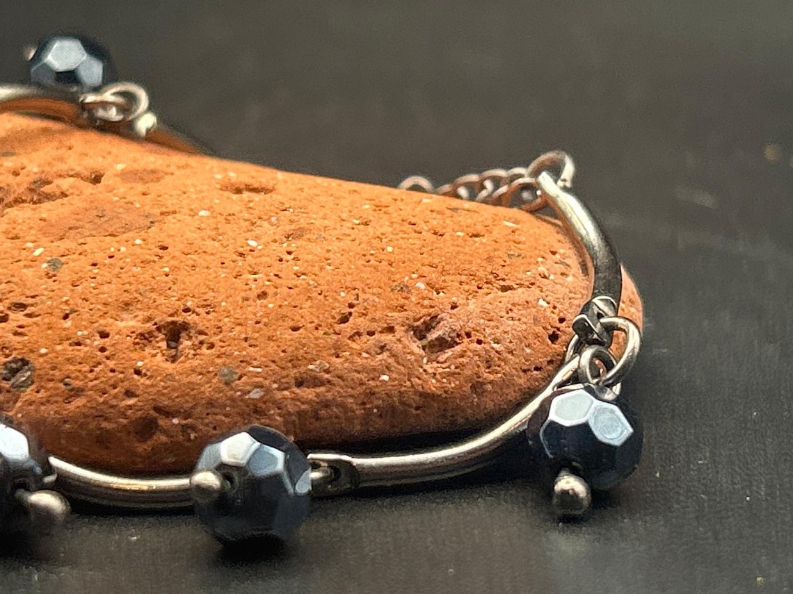 Vintage Silver Tone Adjustable Dark Navy Beaded Chain Bracelet, photo 3 of 5