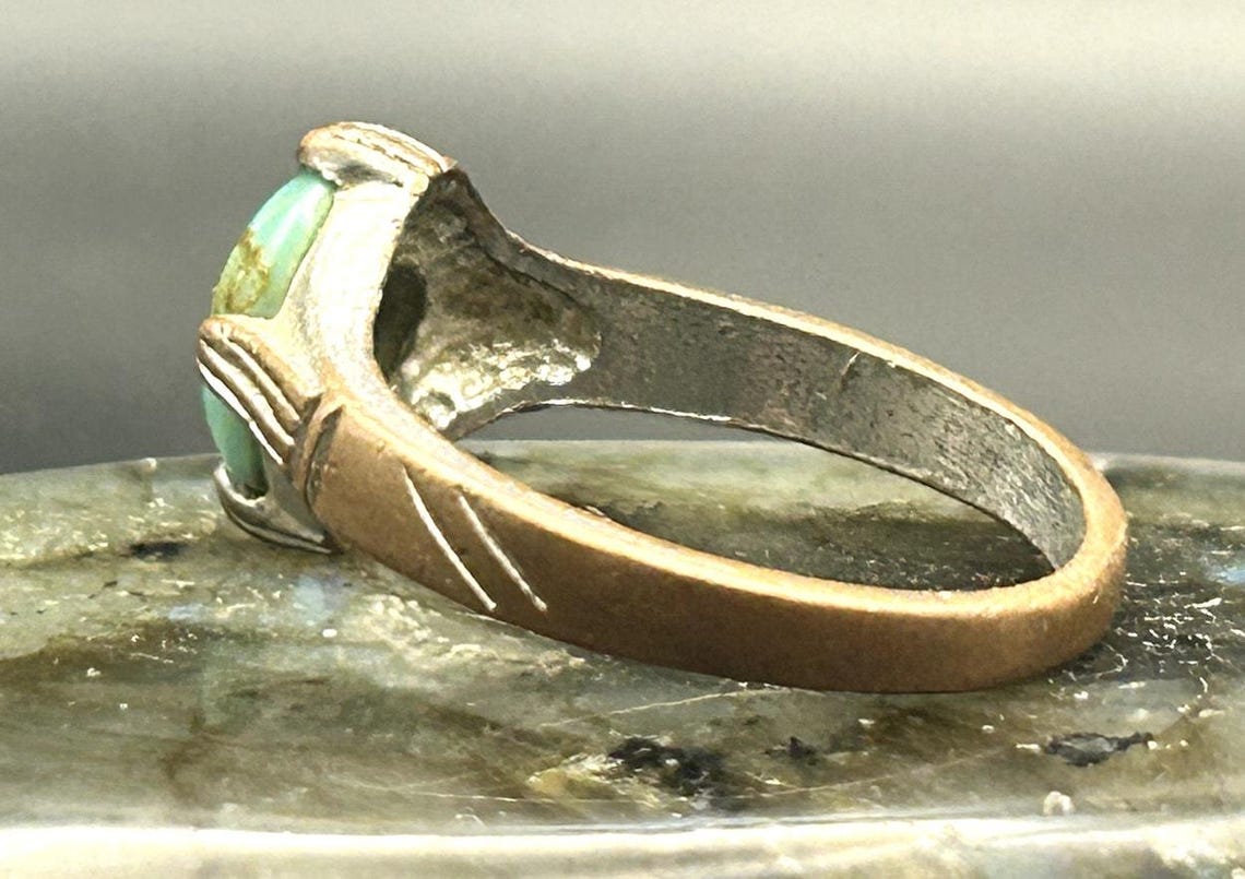 Vintage Afghan Kuchi Tribal Ring Brass Turquoise Stone Size 10 Two Tone Boho, photo 3 of 7