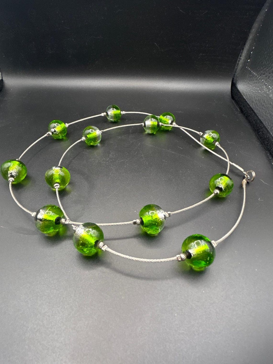 Handmade Green Swirl Glass Marble Pendant Necklace | 30" Long Steel, photo 4 of 4