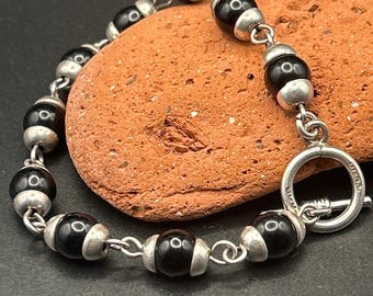 Vintage Mexican 925 Sterling Silver Black Onyx Bead Bracelet 6.5" Toggle