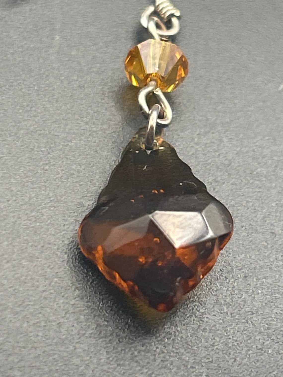 Vintage Amber Faceted Dangle Earrings | Orange Bead Diamond Drop, photo 5 of 6