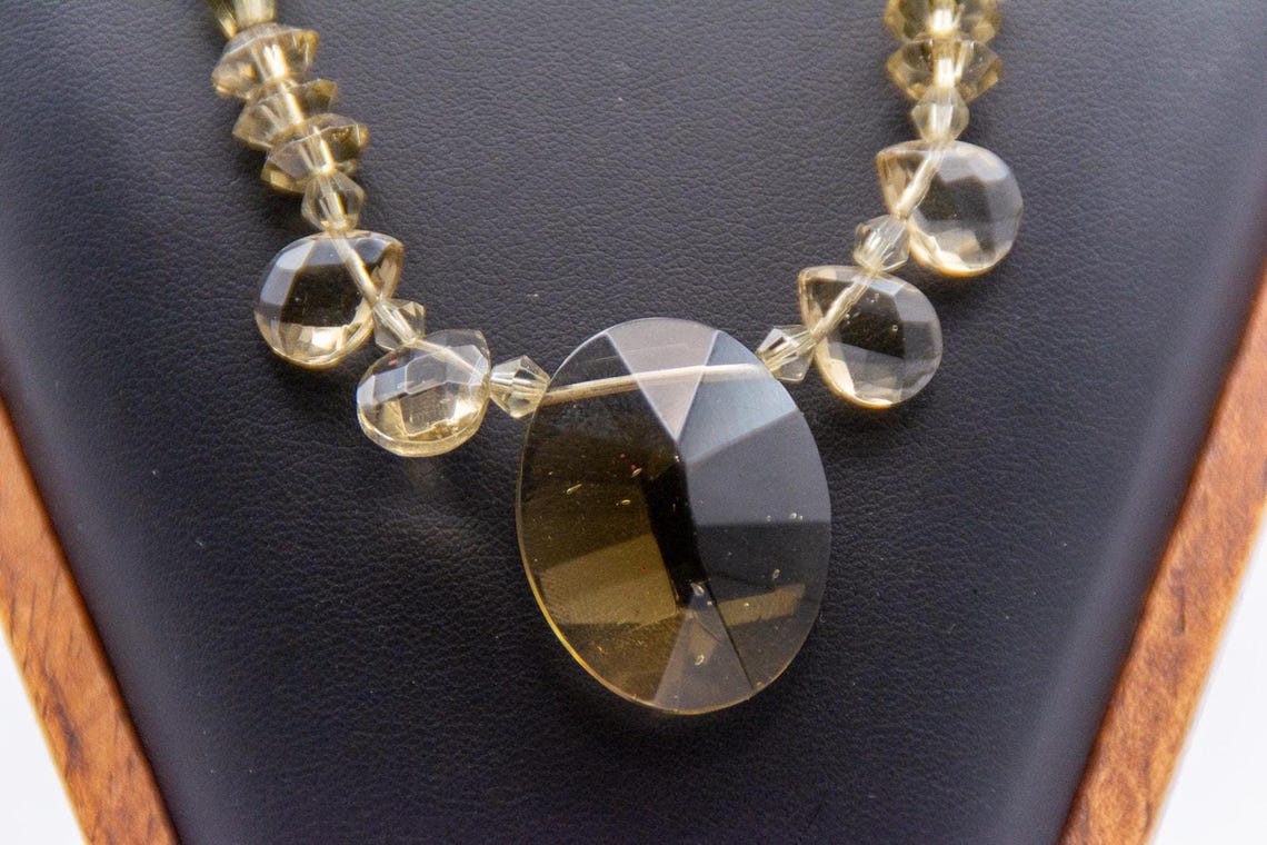 Vintage Smokey Quartz Silver Bead Necklace 16" Graduated Faceted Statement, photo 2 of 5