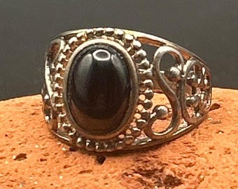 Vintage 1970s Sterling Silver 925 Ornate Filigree Black Ring Size 9 Gothic