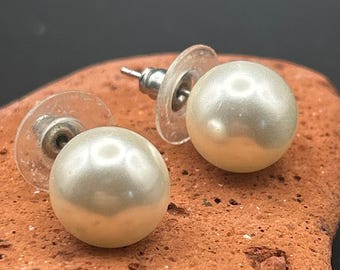Vintage 10mm White Faux Pearl Stud Earrings Silver Tone Pierced Posts Classic
