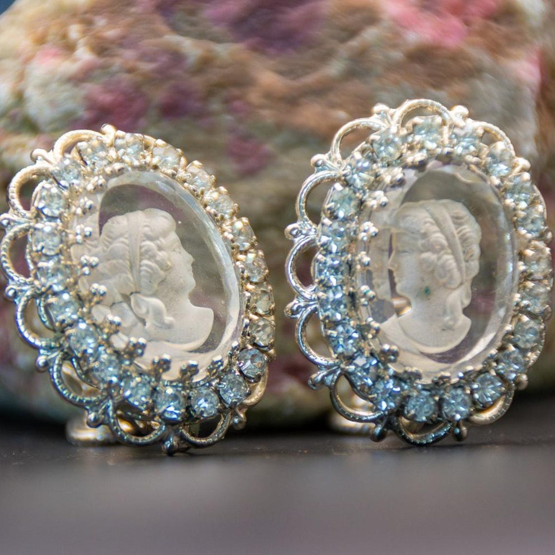 Vintage Joseph Warner Intaglio Cameo Glass and Rhinestone Clip On Earrings, photo 2 of 4