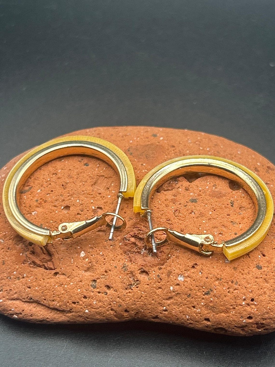 Vintage Gold Hoop Earrings with Shell Inlay | Chunky 1” Boho Creoles, photo 5 of 5