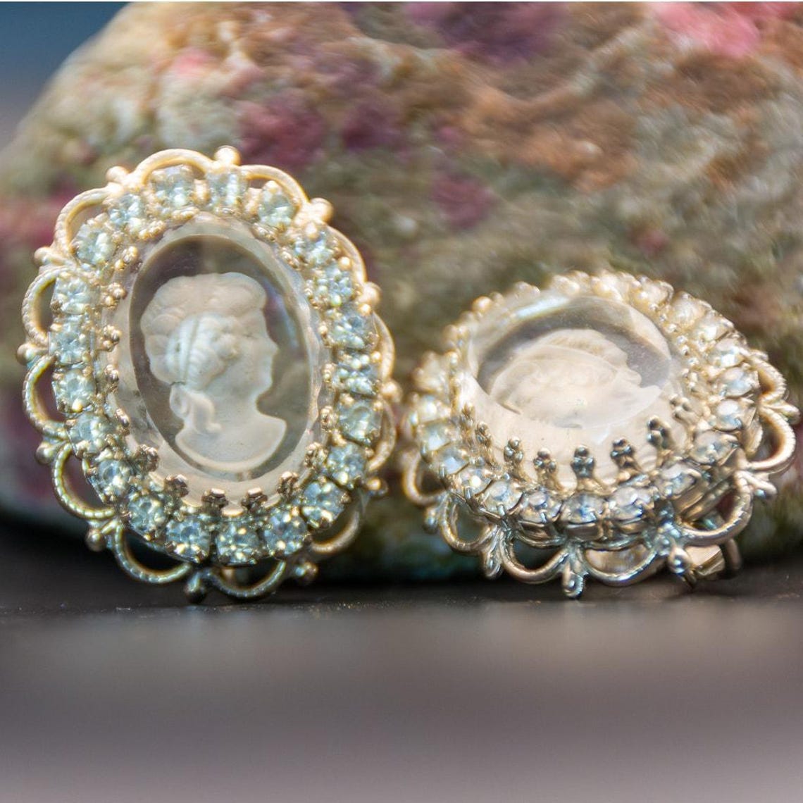 Vintage Joseph Warner Intaglio Cameo Glass and Rhinestone Clip On Earrings, photo 3 of 4