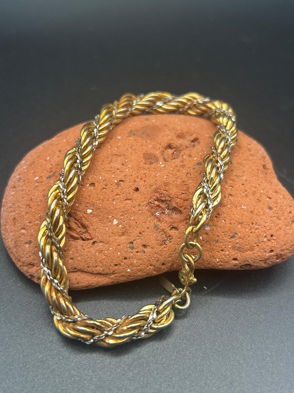 Vintage Monet Gold and Silver Tone Rope Bracelet Two Tone Twisted Chain 6.5", photo 2 of 5