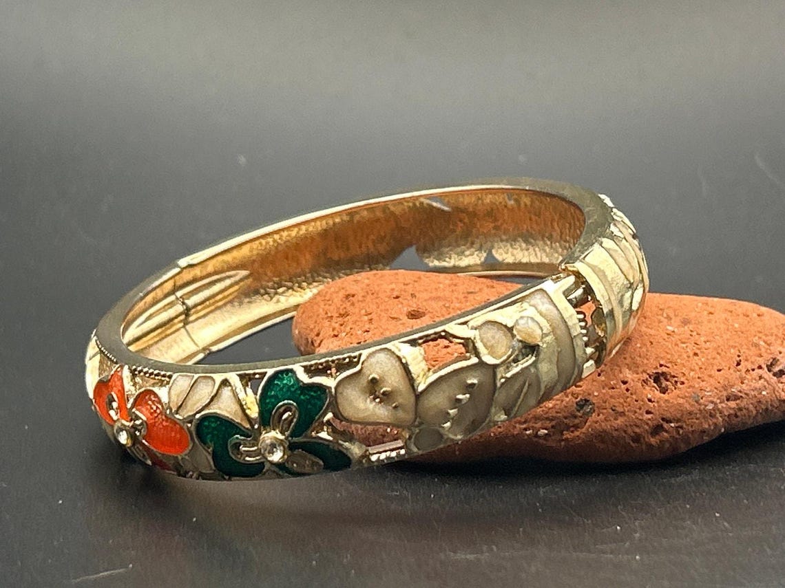 Vintage Floral Enamel Hinged Clamper Bangle Bracelet | Gold Tone Orange Green, photo 2 of 4